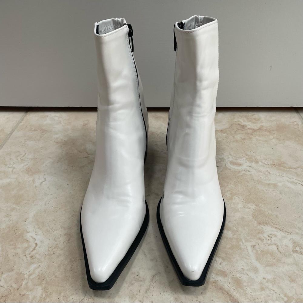 White faux leather block heel boots